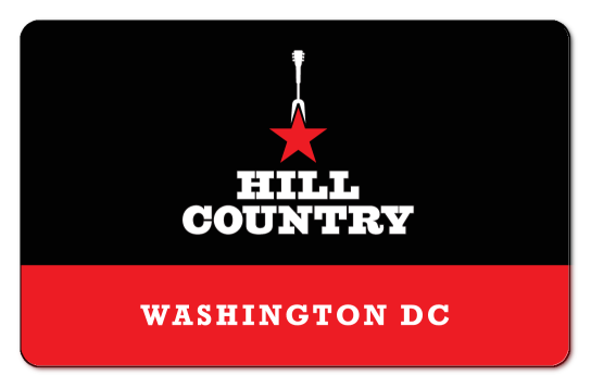 Hill country logo, guitar with base in shape of star over cream and red background